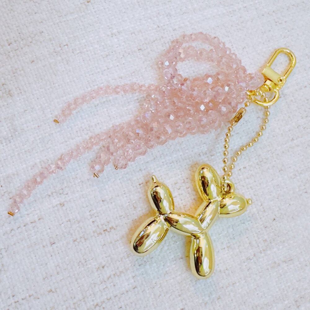 Balloon Dog Bag Charm With Beaded Bow Pink Gold